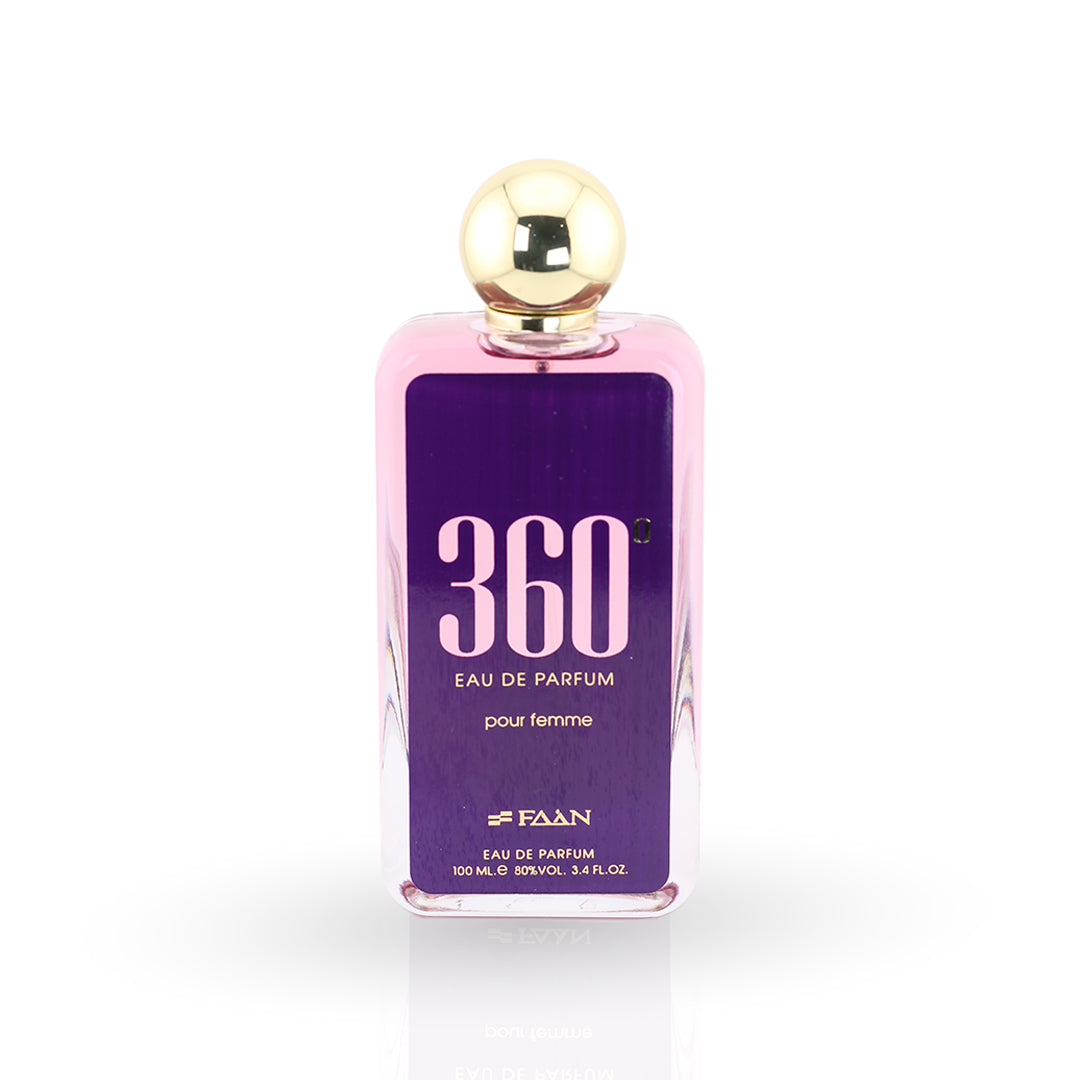 Faan 360 Pour Femme Eau de Parfum 100ml — pink to purple gradient rectangular, front view — citrus musk women's fragrance