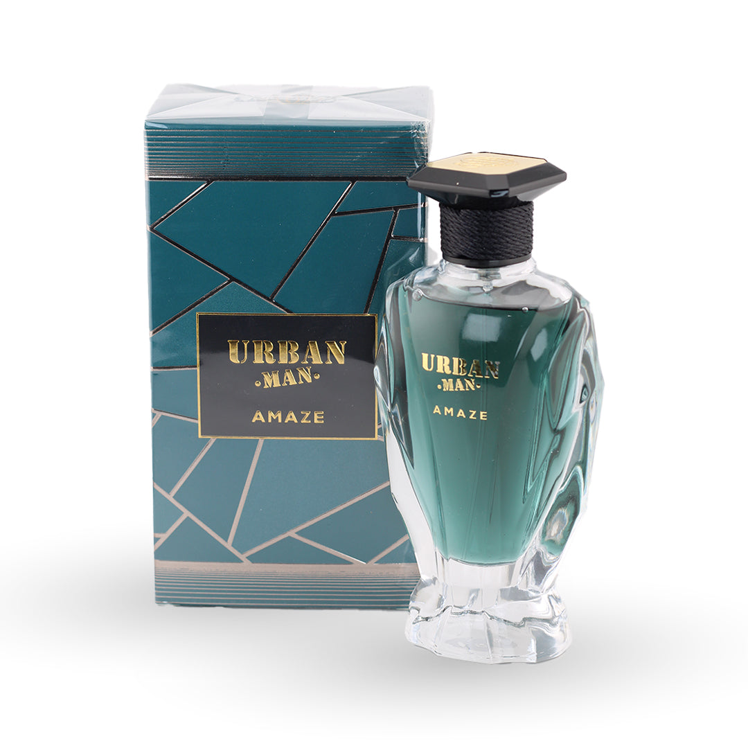 Perfume bottle and packaging of 'Urban Man Amaze' on a white background
