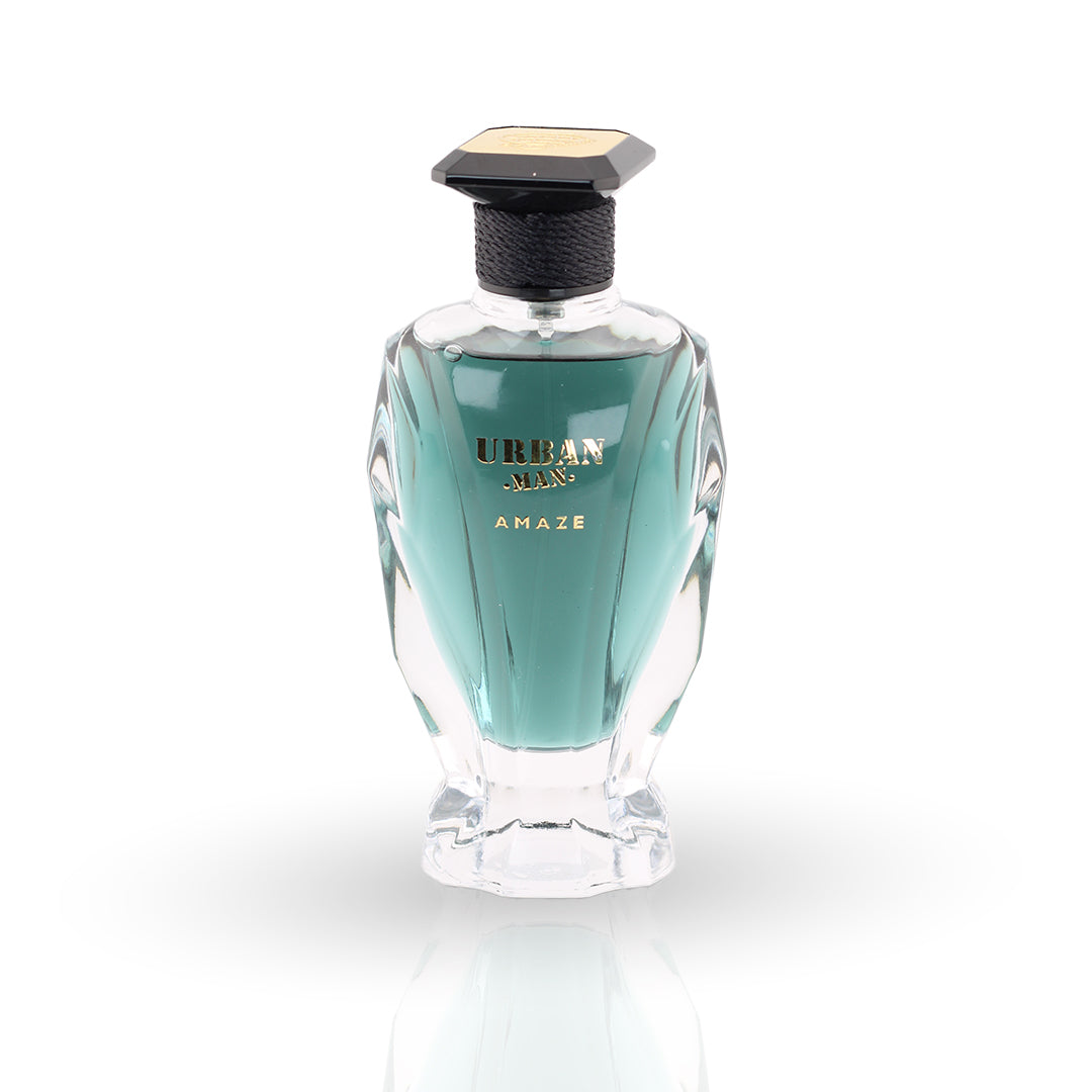 Perfume bottle labeled 'Urban Men Amaze' on a white background