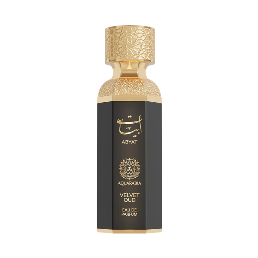 Faan Abyat Aquarabia Velvet Oud Eau de Parfum 100ml — black rectangular bottle gold, front view — oud vanilla woody perfume