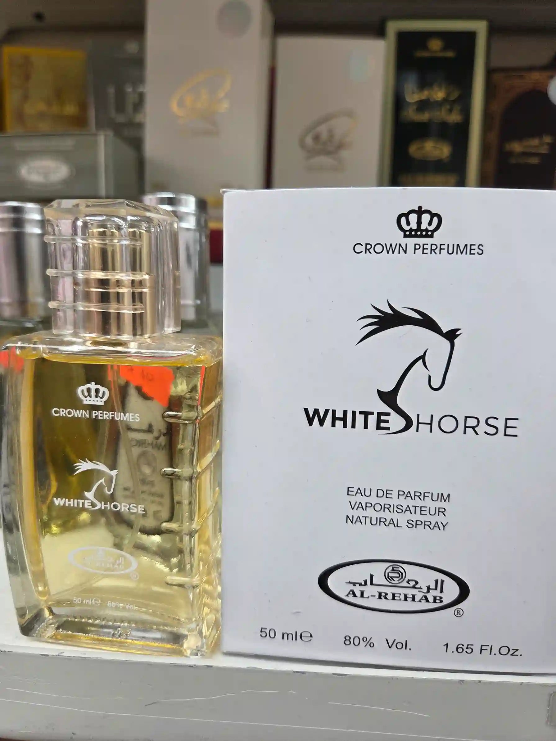 White Horse perfume 50ml clear bottle with white packaging by Crown Perfumes