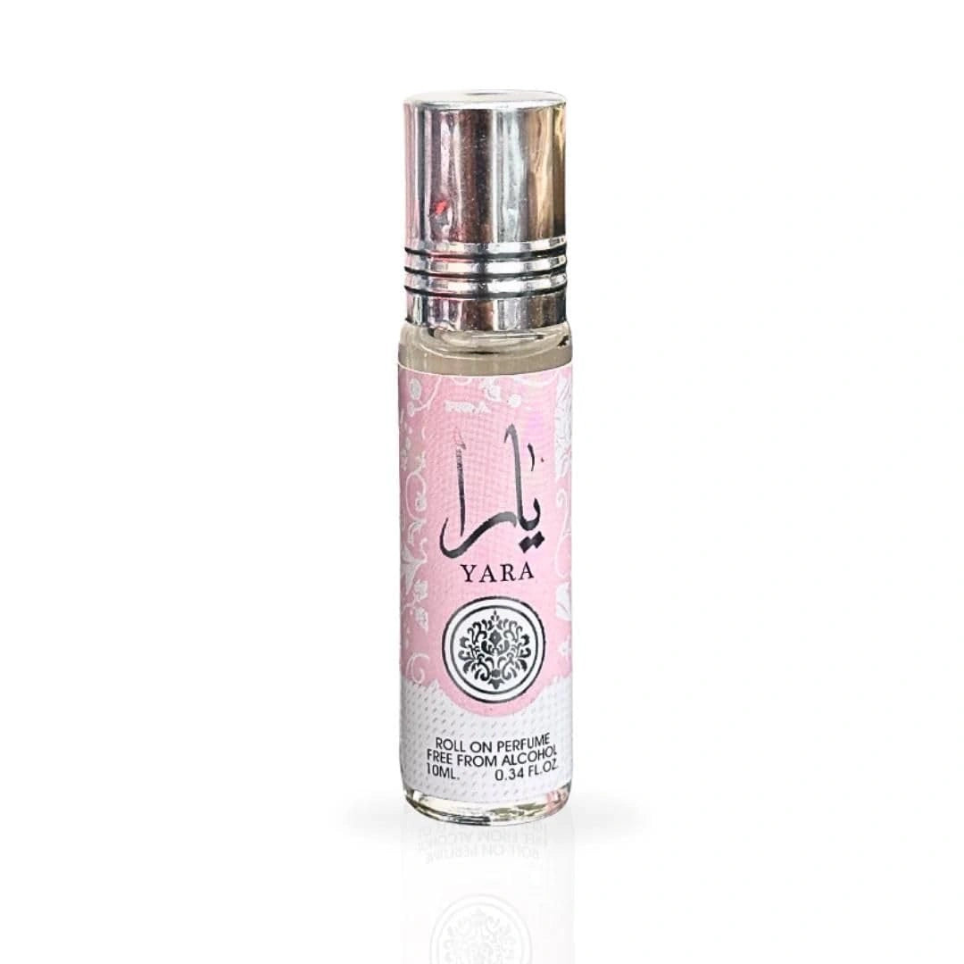 Yara roll-on perfume oil bottle in pink with silver chrome cap and Arabic calligraphy