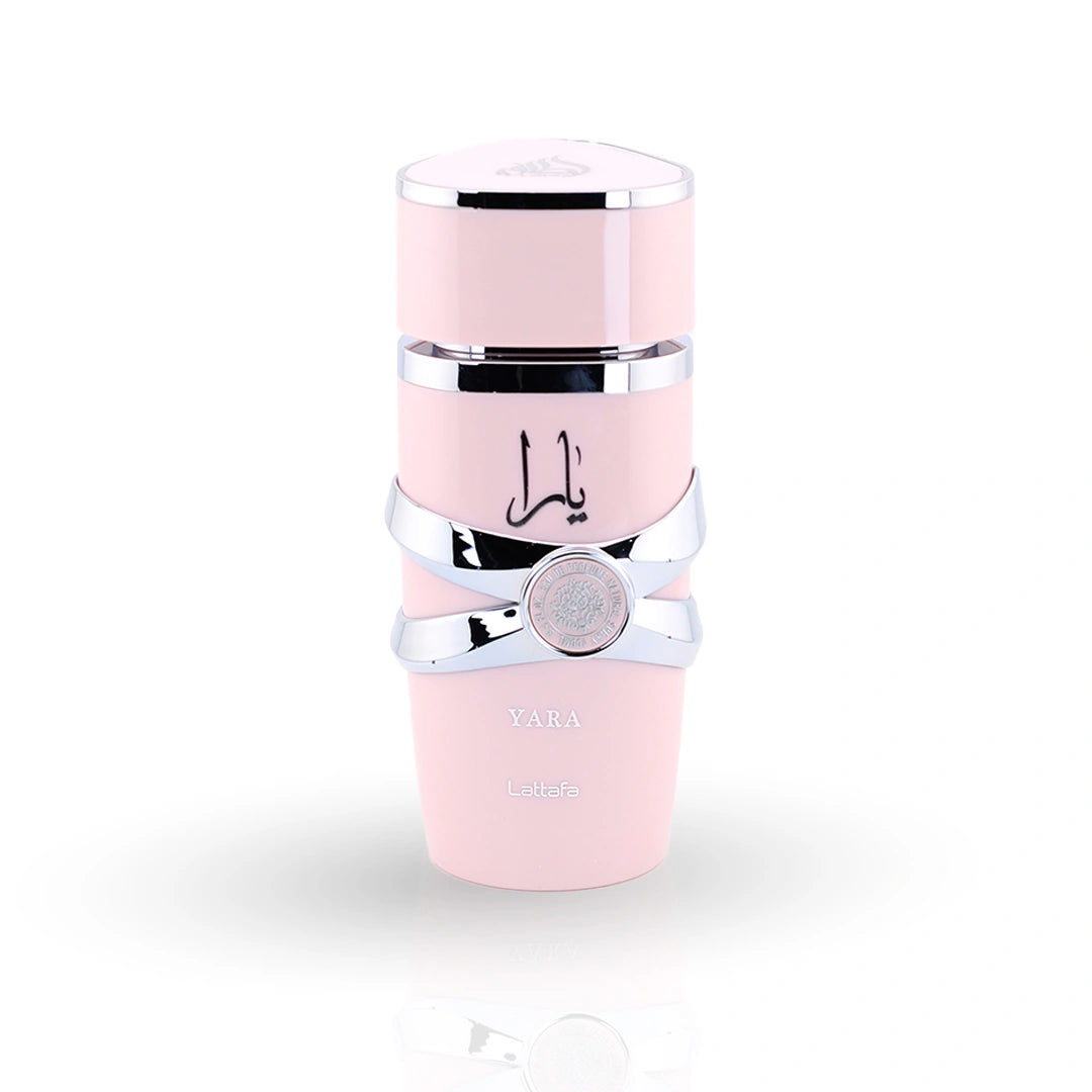 Yara perfume bottle by Lattafa in elegant pink with silver chrome accents and bow detail
