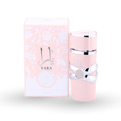 Yara perfume bottle by Lattafa in elegant pink with silver chrome accents and bow detail