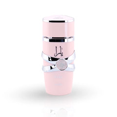 Yara perfume bottle by Lattafa in elegant pink with silver chrome accents and bow detail