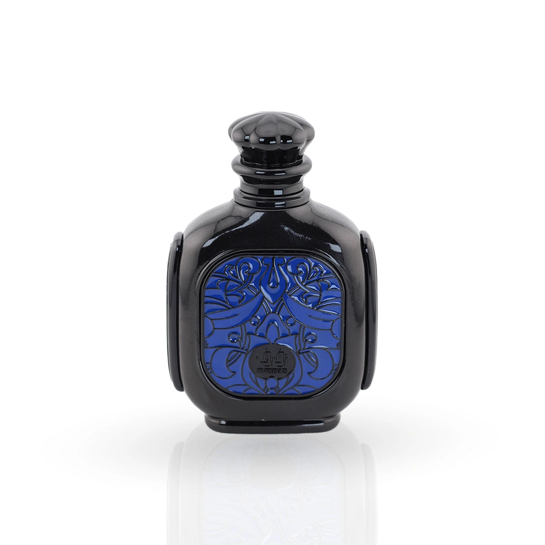 Zukhruf Black perfume bottle with blue ornate pattern by Zimaya