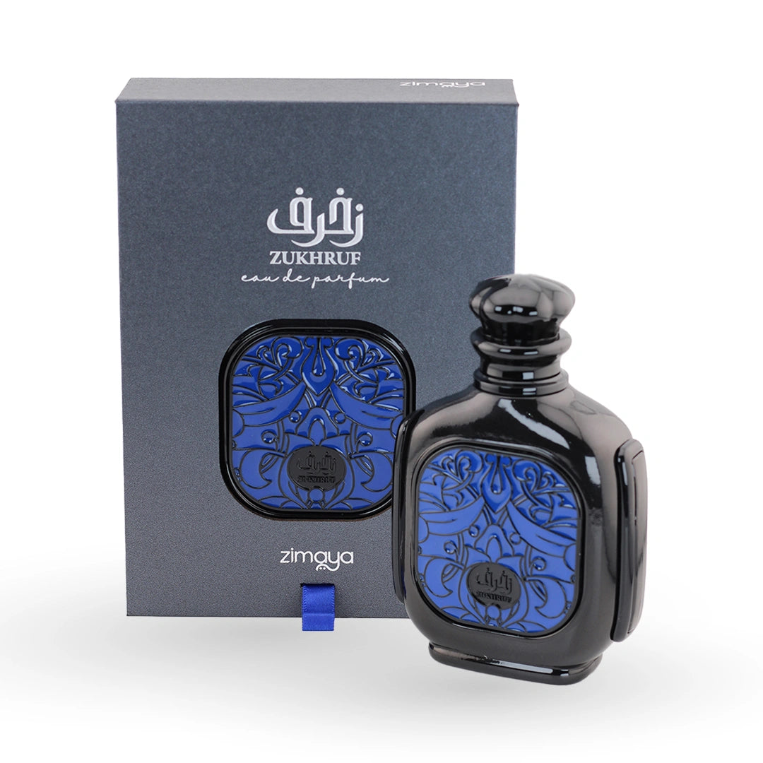 Zukhruf Black perfume bottle with blue ornate pattern by Zimaya