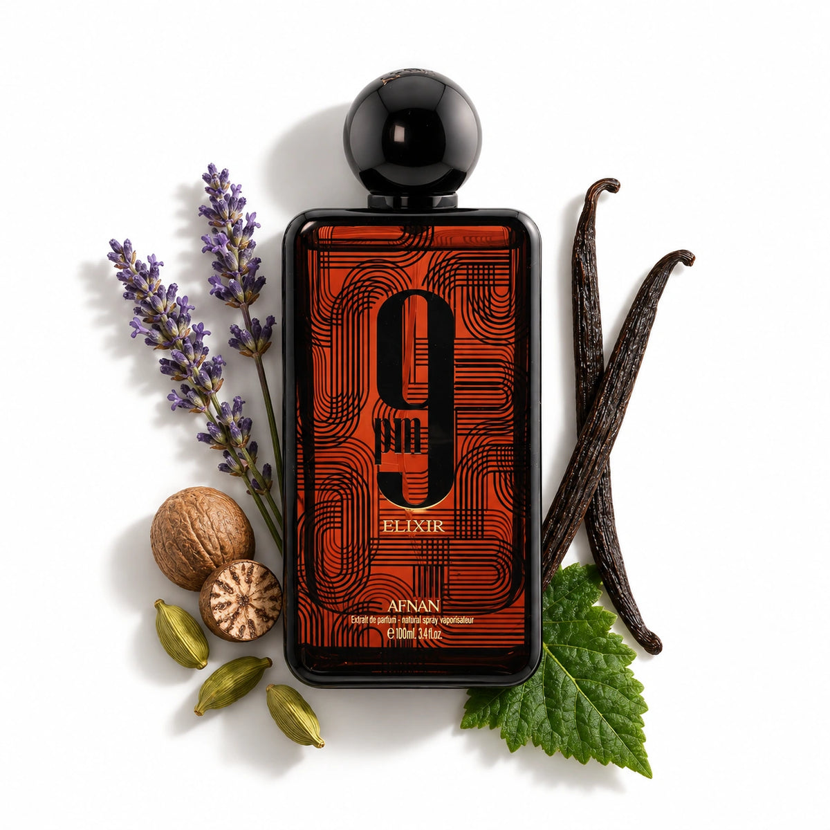 Afnan 9 PM Elixir 100ml bottle with nutmeg, cardamom, lavandin, patchouli and vanilla