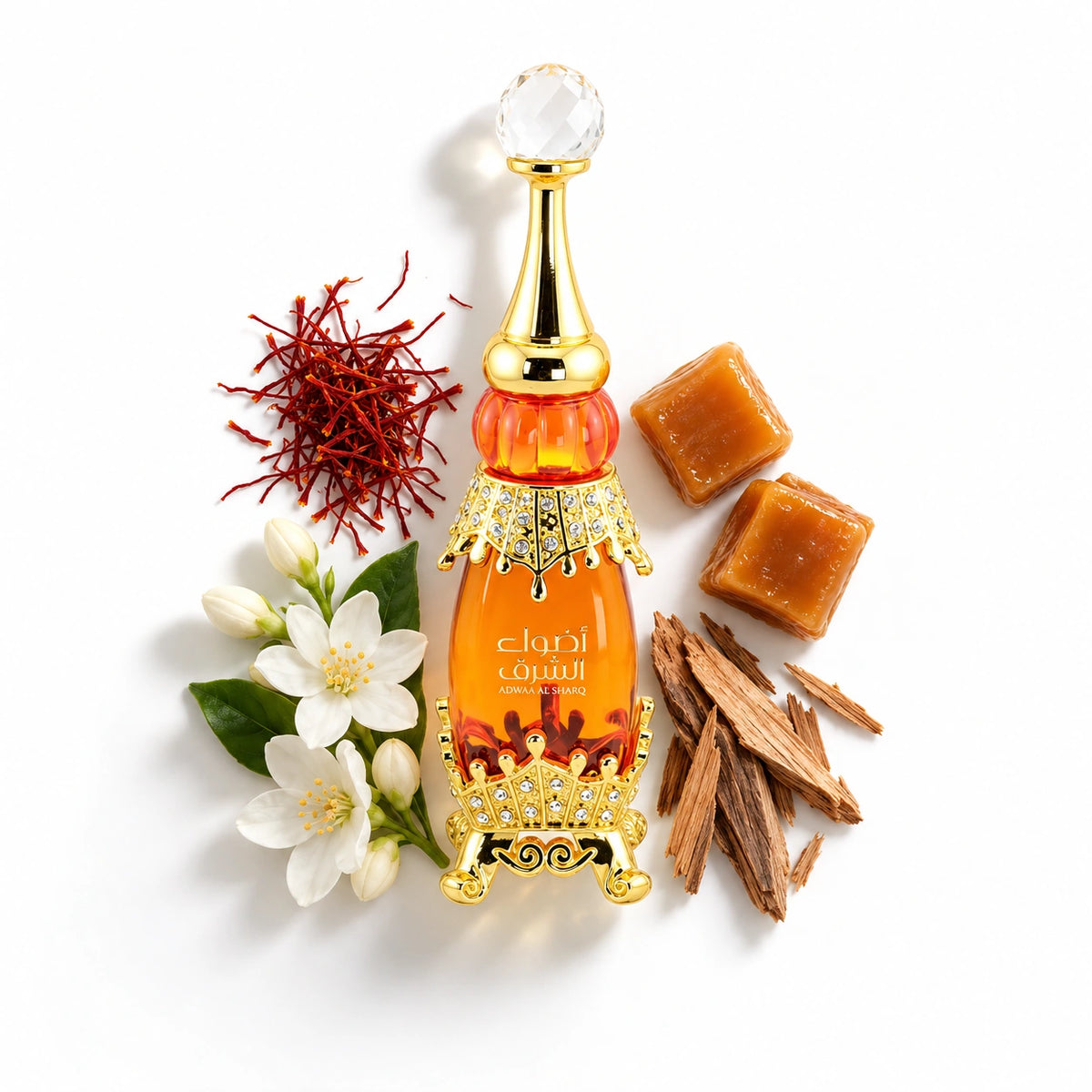 Afnan Adwaa Al Sharq perfume oil bottle with saffron, jasmine, caramel and cedarwood