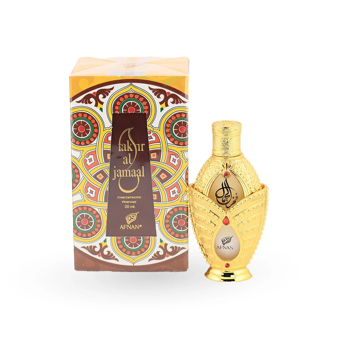 Afnan Fakhr Al Jamaal Perfume Oil 20ml bottle with its box – unisex fruity floral attar, notes of mango, musk and pink pepper