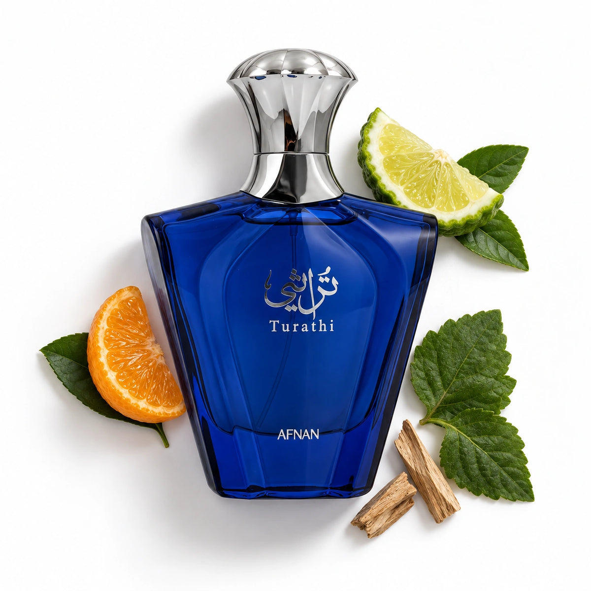 Afnan Turathi Blue 90ml bottle with bergamot, mandarin, patchouli and woody notes