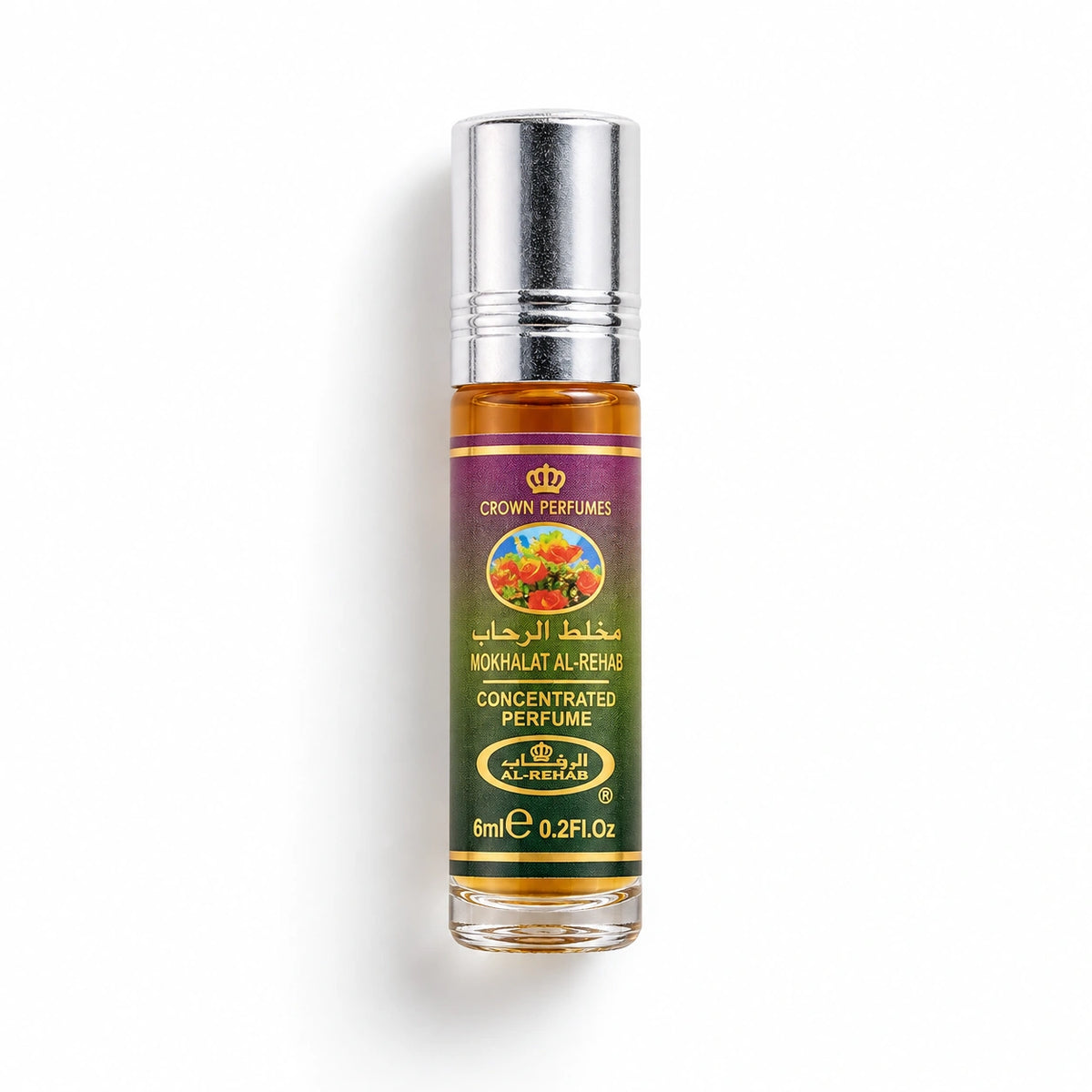 Al Rehab Mokhalat Al-Rehab Concentrated Perfume Oil 6ml bottle photographed flat on a white background
