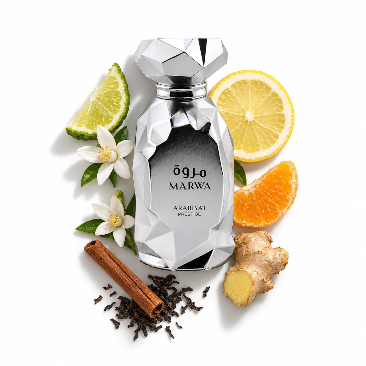Arabiyat Marwa bottle with bergamot, lemon, orange, ginger, cinnamon, neroli and black tea