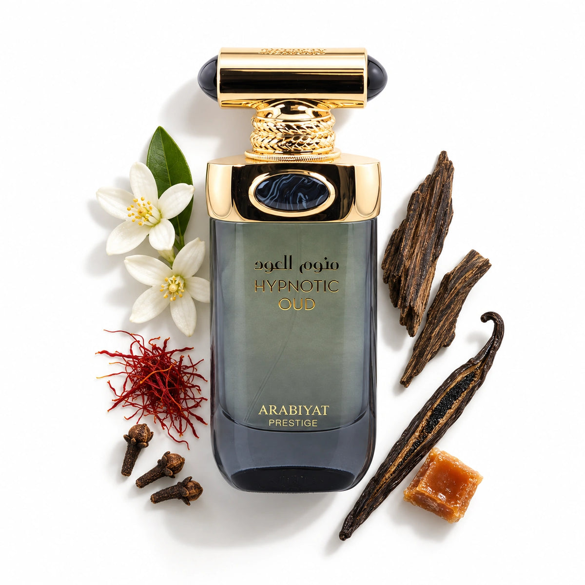 Arabiyat Prestige Hypnotic Oud 100ml bottle with clove, saffron, orange blossom, caramel, vanilla and oud