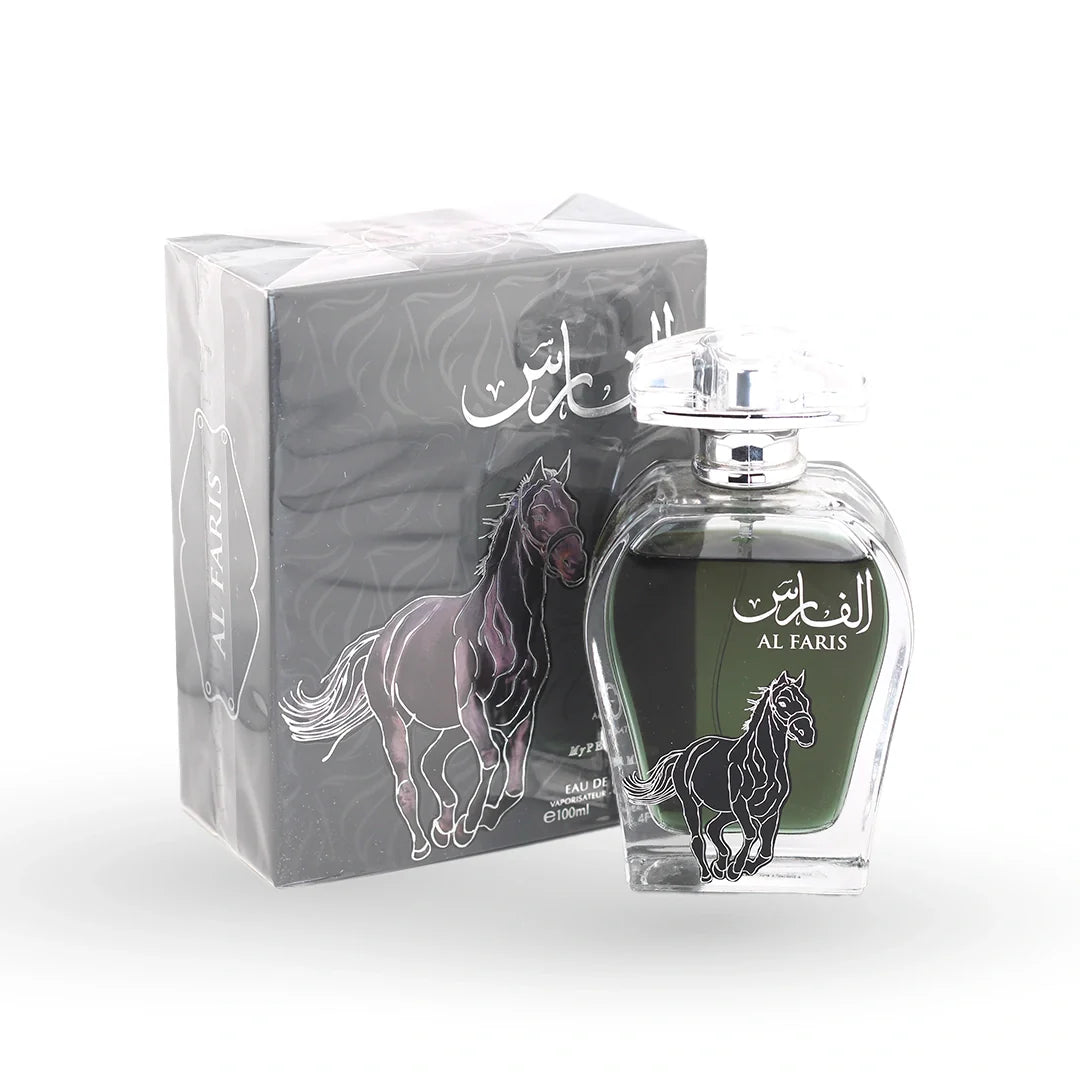 Arabiyat Prestige My Perfumes Al Faris Eau de Parfum 100ml bottle with its box – unisex floral perfume, notes of sandalwood, citrus and musk