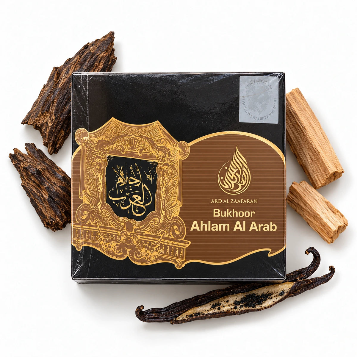 Ard Al Zaafaran Ahlam Al Arab 80g incense box laid flat with vanilla and woods.