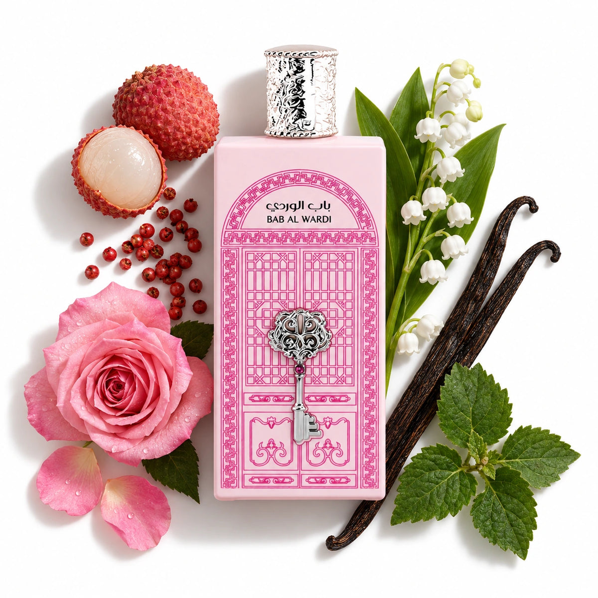 Ard Al Zaafaran Bab Al Wardi 100ml bottle with lychee, pink pepper, rose, lily of the valley, patchouli and vanilla