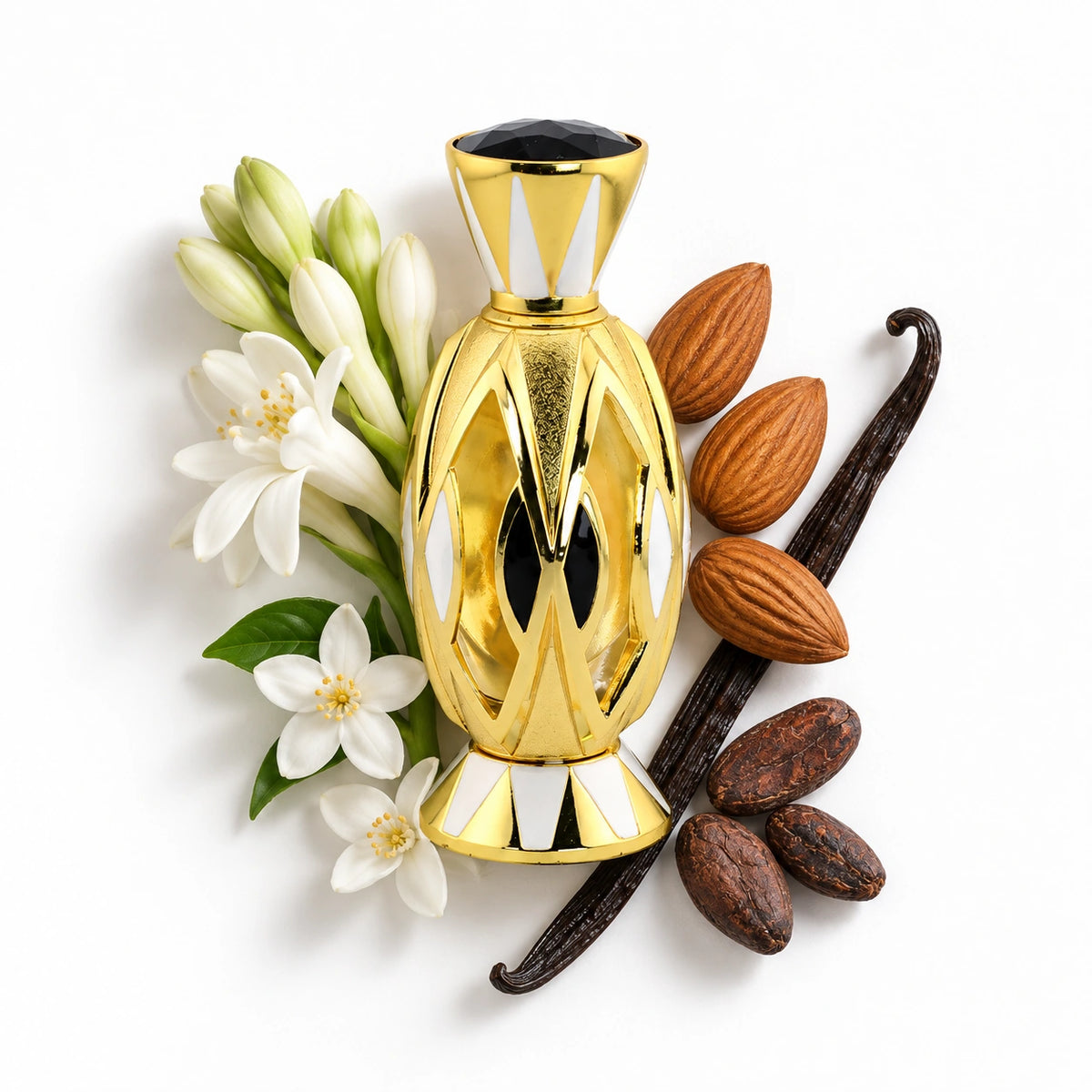 Ard Al Zaafaran Bint Hooran Perfume Oil 20ml bottle with tuberose, almond, jasmine, vanilla and cacao