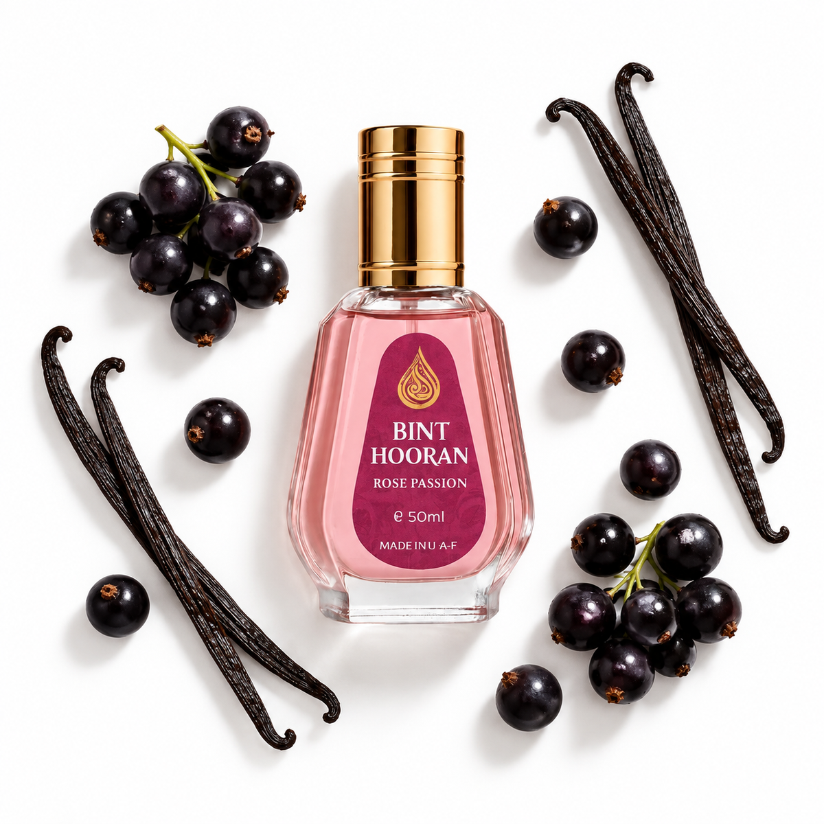 Ard Al Zaafaran Bint Hooran Rose Passion eau de parfum 50ml with blackcurrant and vanilla scent-note props