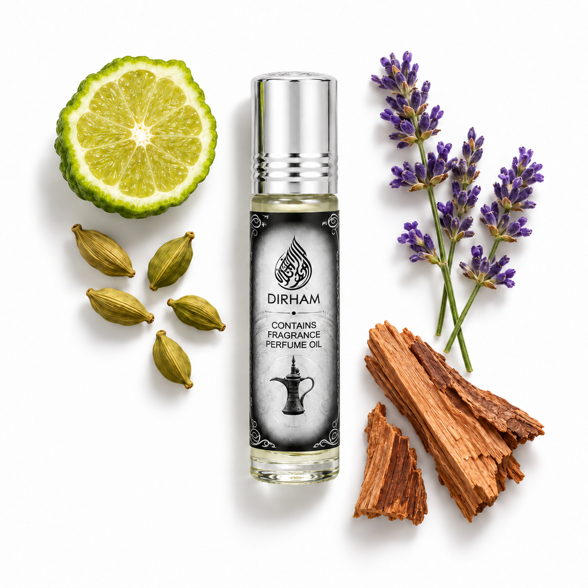 Ard Al Zaafaran Dirham roll-on perfume oil 10ml with bergamot, lavender, cardamom and cedarwood props