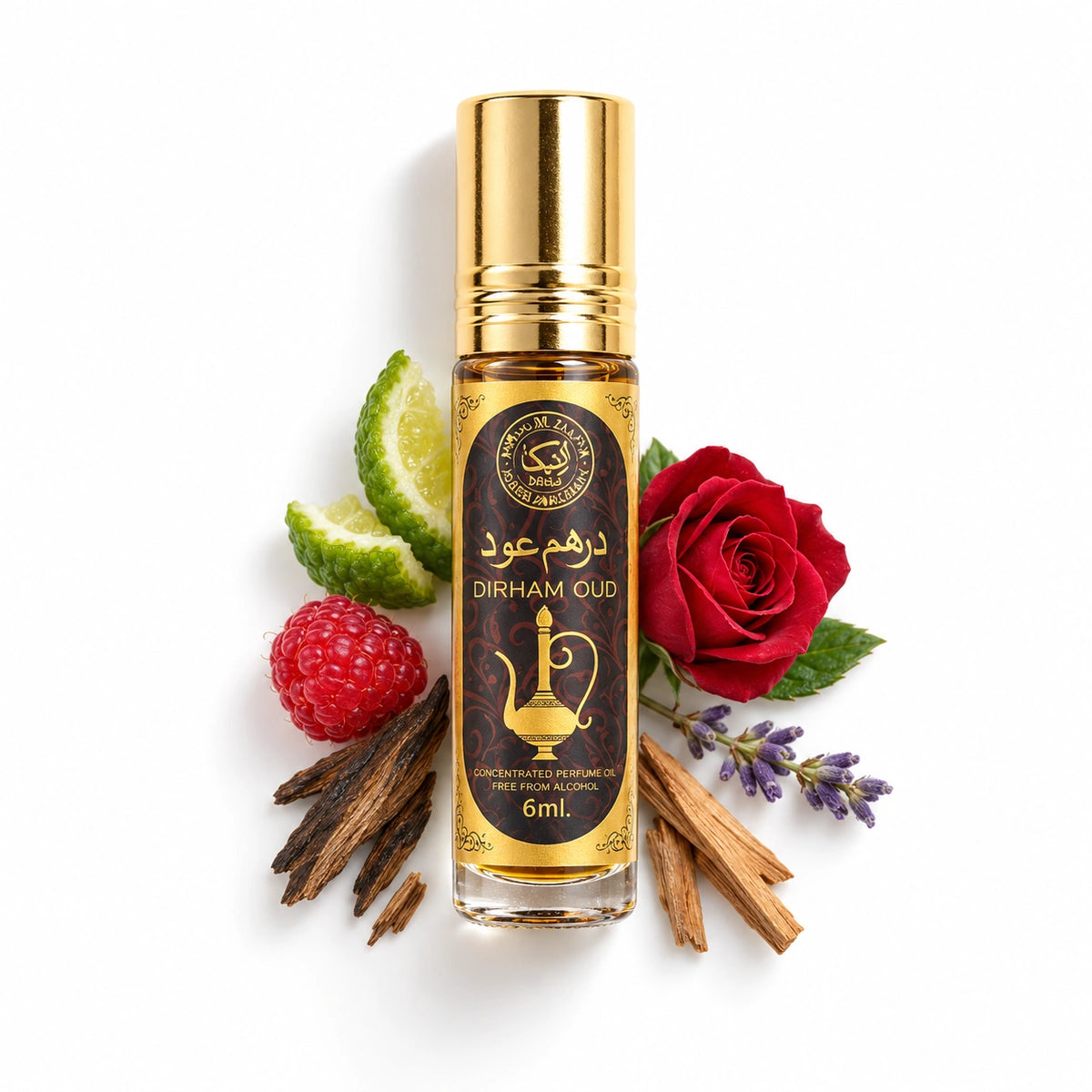 Ard Al Zaafaran Dirham Oud Concentrated Perfume Oil 6ml bottle with bergamot, raspberry, rose, lavender, oud and sandalwood
