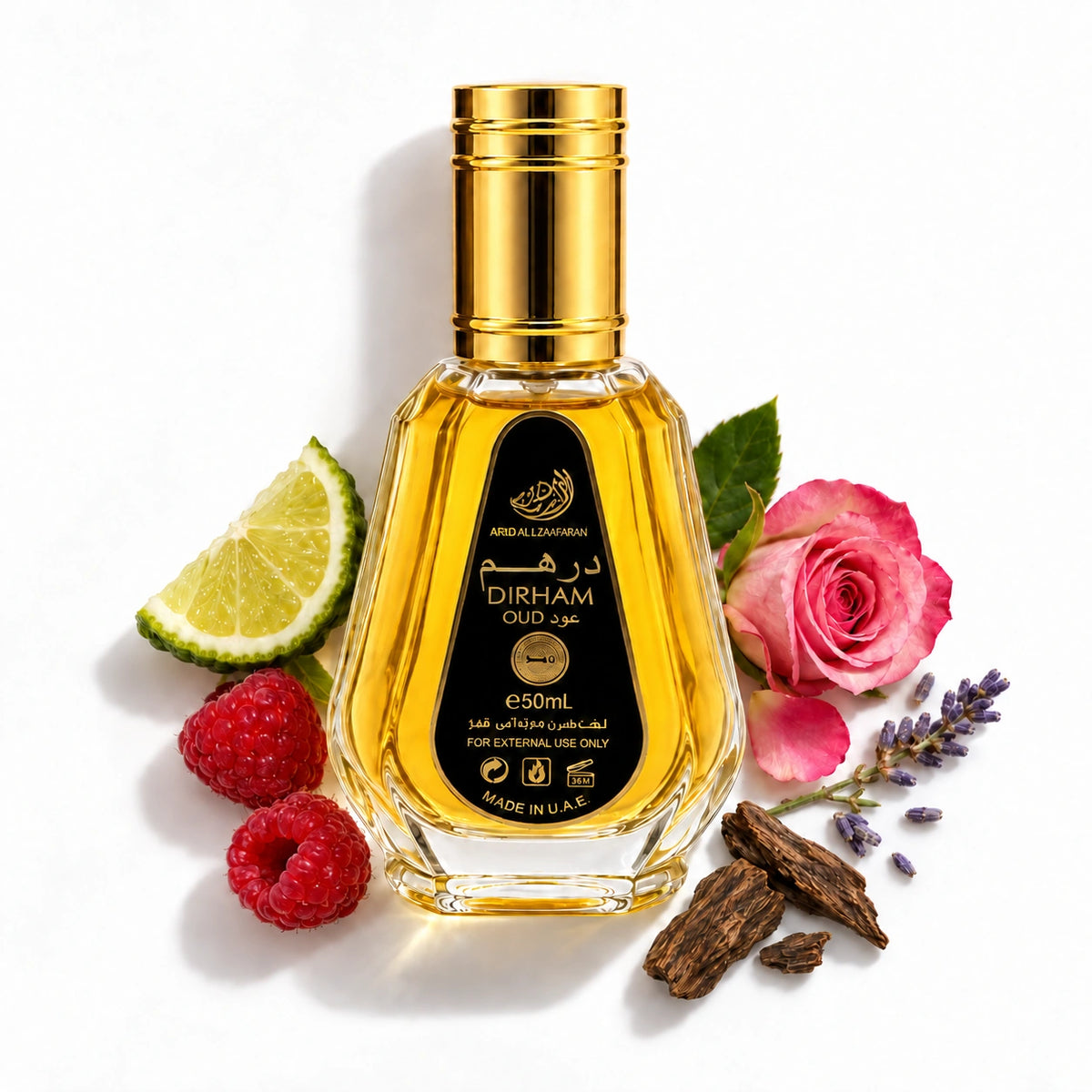 Ard Al Zaafaran Dirham Oud 50ml bottle with bergamot, raspberry, rose, lavender and oud
