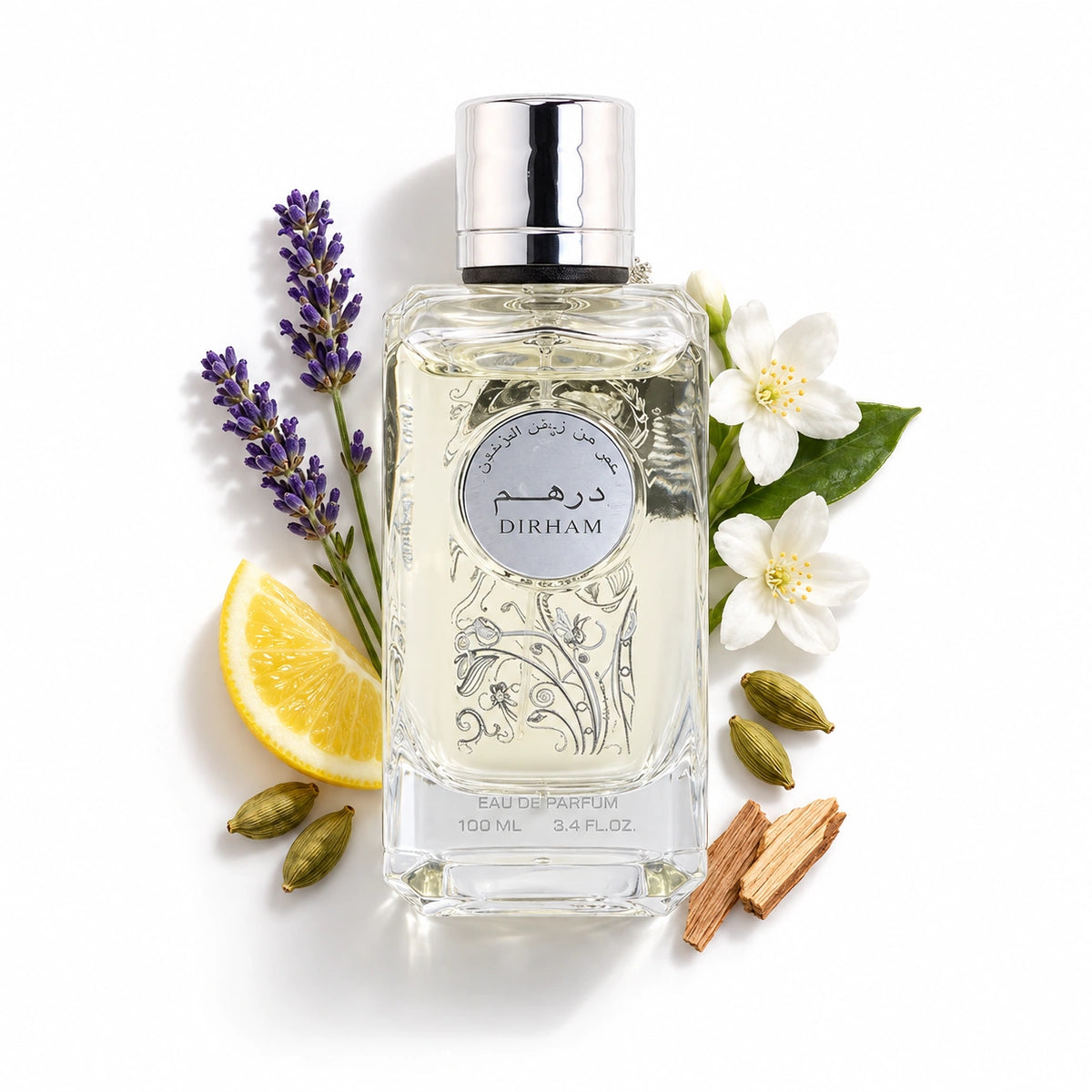 Ard Al Zaafaran Dirham Silver 100ml bottle with lavender, lemon, jasmine, cardamom and cedar