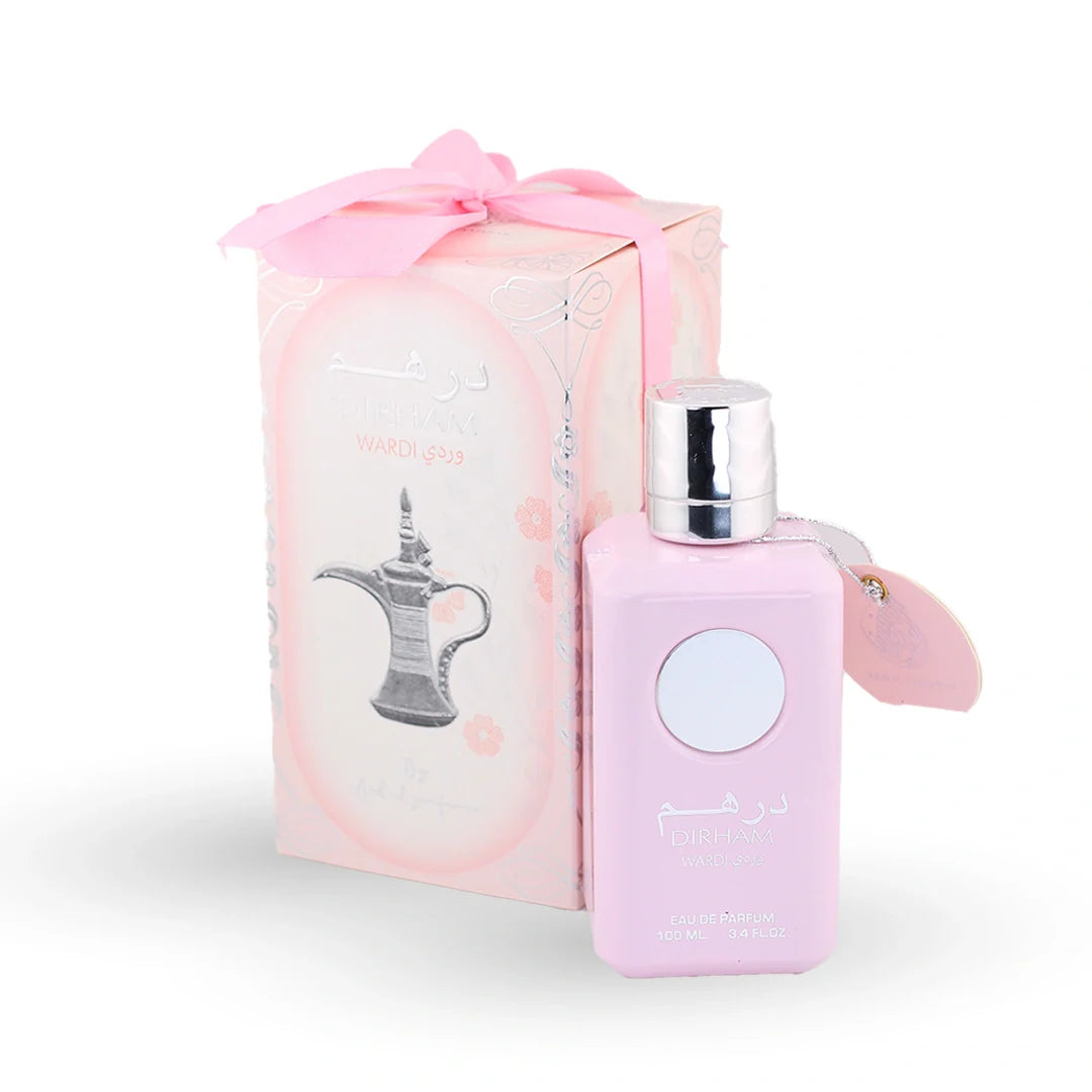 Ard Al Zaafaran Dirham Wardi Eau de Parfum 100ml bottle with its box – women's perfume, notes of jasmine, tonka bean and black currant