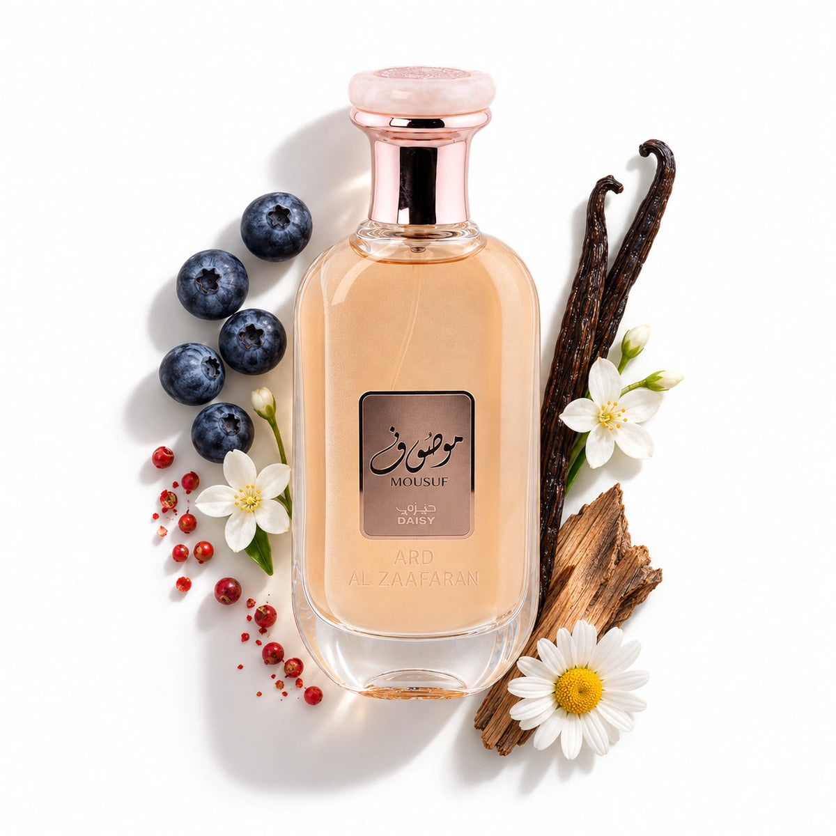 Ard Al Zaafaran Mousuf Daisy 100ml bottle with pink pepper, blueberry, jasmine, daisy, vanilla and cedar
