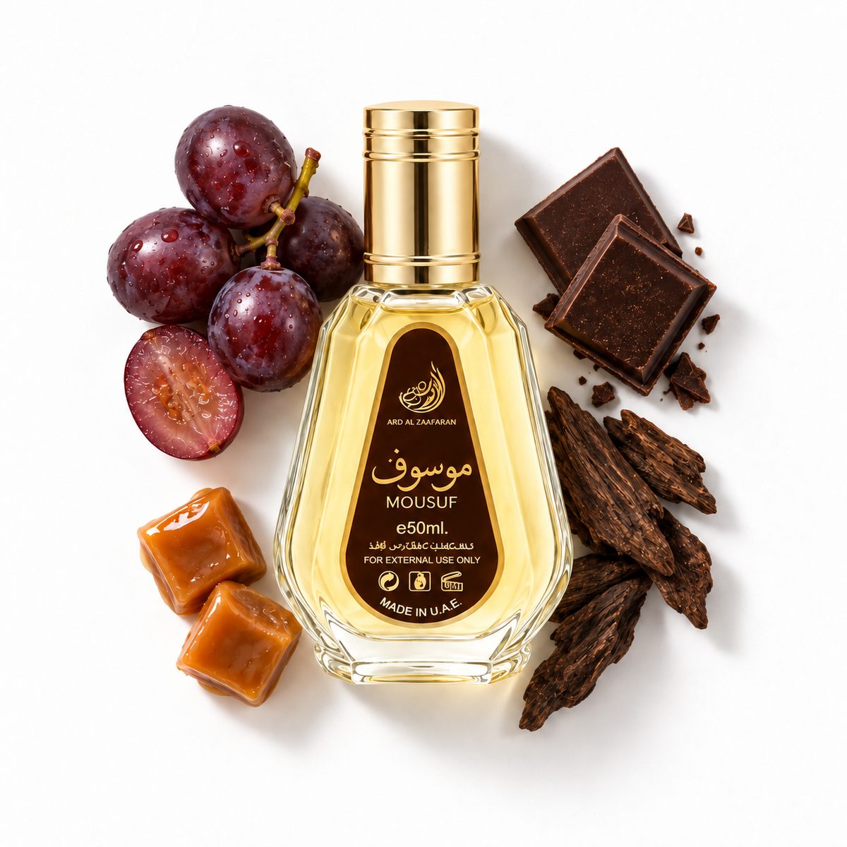 Ard Al Zaafaran Mousuf eau de parfum 50 ml with grapes, chocolate, caramel and wood on white.