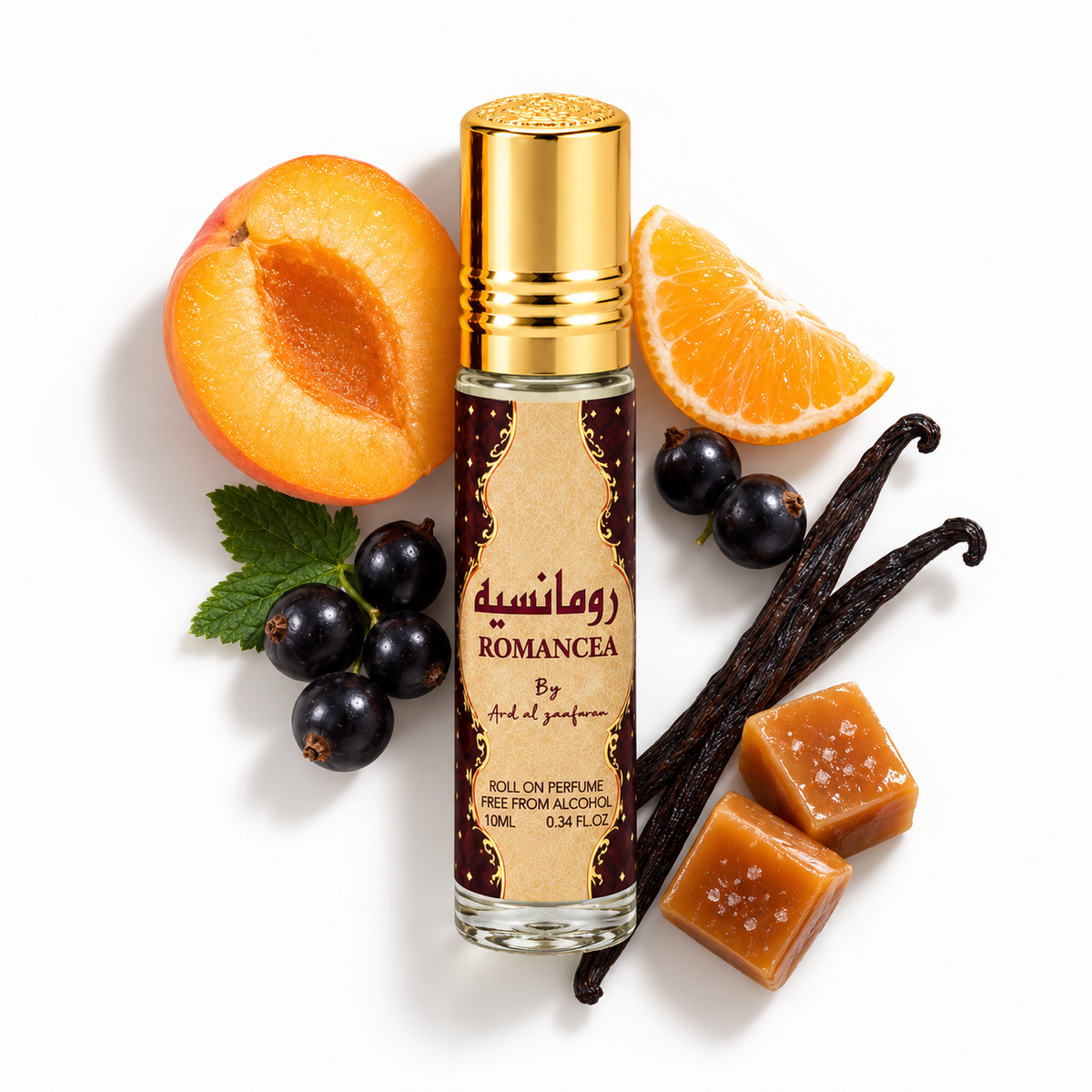 Ard Al Zaafaran Romancea roll-on perfume oil 10 ml with apricot, tangerine, blackcurrants, vanilla and caramel on white.