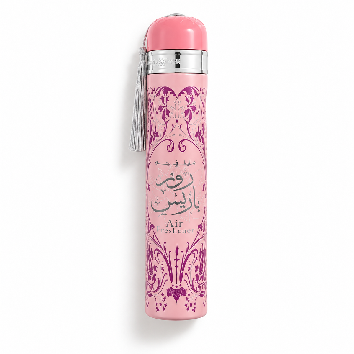 Ard Al Zaafaran Rose Paris Night air freshener 300ml in its pink can, laid flat on white