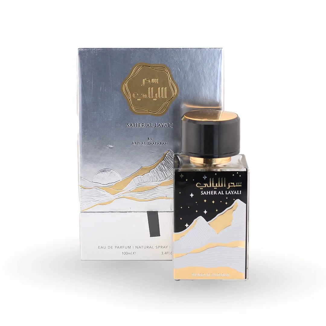 Ard Al Zaafaran Saher Al Layali Eau de Parfum 100ml bottle with its box – unisex perfume, notes of pineapple, leather and tonka bean