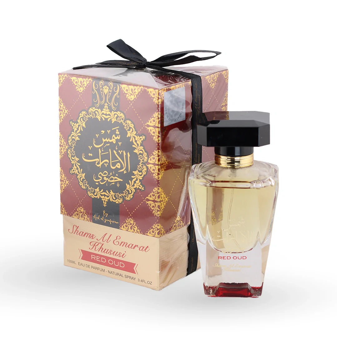 Ard Al Zaafaran Shams Al Emarat Khususi Red Oud Eau de Parfum 100ml bottle with its box – unisex perfume, notes of sandalwood, mandarin orange and amber