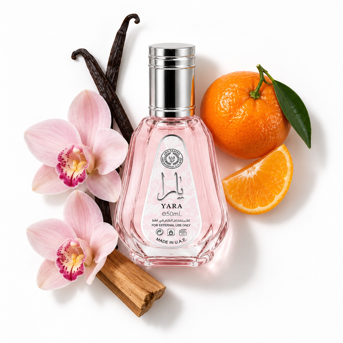 Ard Al Zaafaran Yara eau de parfum 50 ml with tangerine, orchid, vanilla and sandalwood on white.