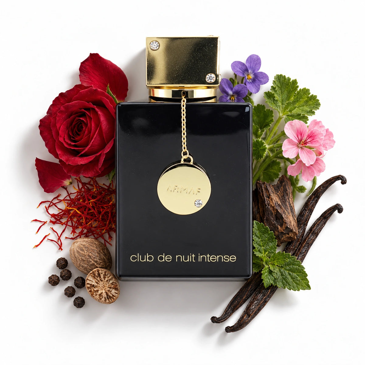 Armaf Club de Nuit Intense Women 105ml bottle with rose, saffron, geranium, nutmeg, pepper, violet, patchouli, agarwood and vanilla