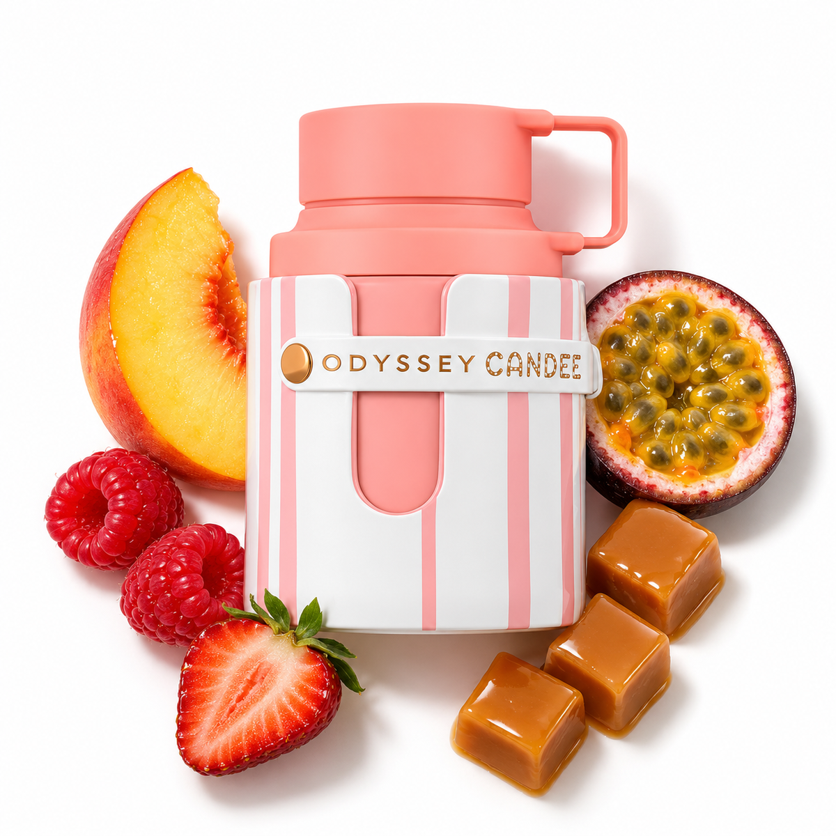 Armaf Odyssey Candee 100ml bottle on white with peach, strawberry, raspberry, passion fruit and caramel
