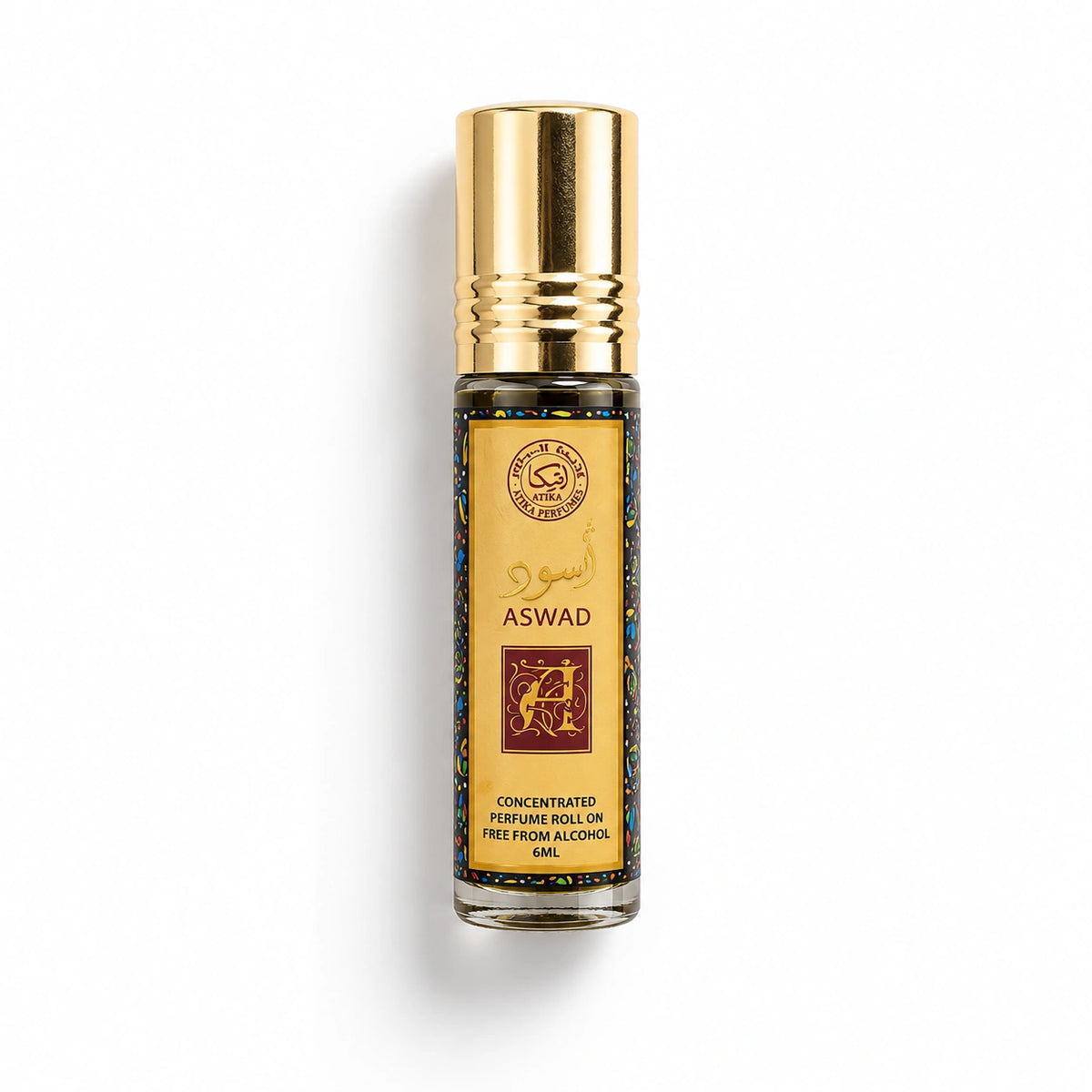 Atika Perfumes Aswad Concentrated Roll-On Perfume Oil 6ml bottle photographed flat on a white background