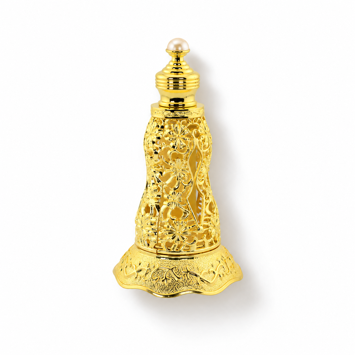 Banafa for Oud Hams Al Ayoon perfume oil 12g in its ornate gold bottle, laid flat on a white background.