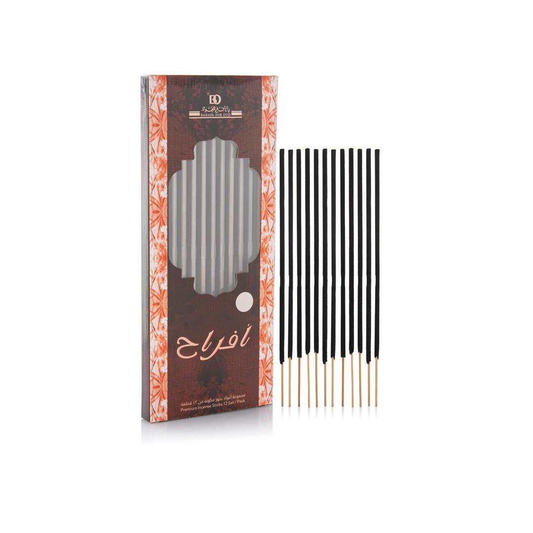 Banafa for Oud Nad Afrah Bakhoor — retail box with round window revealing incense sticks, loose sticks alongside