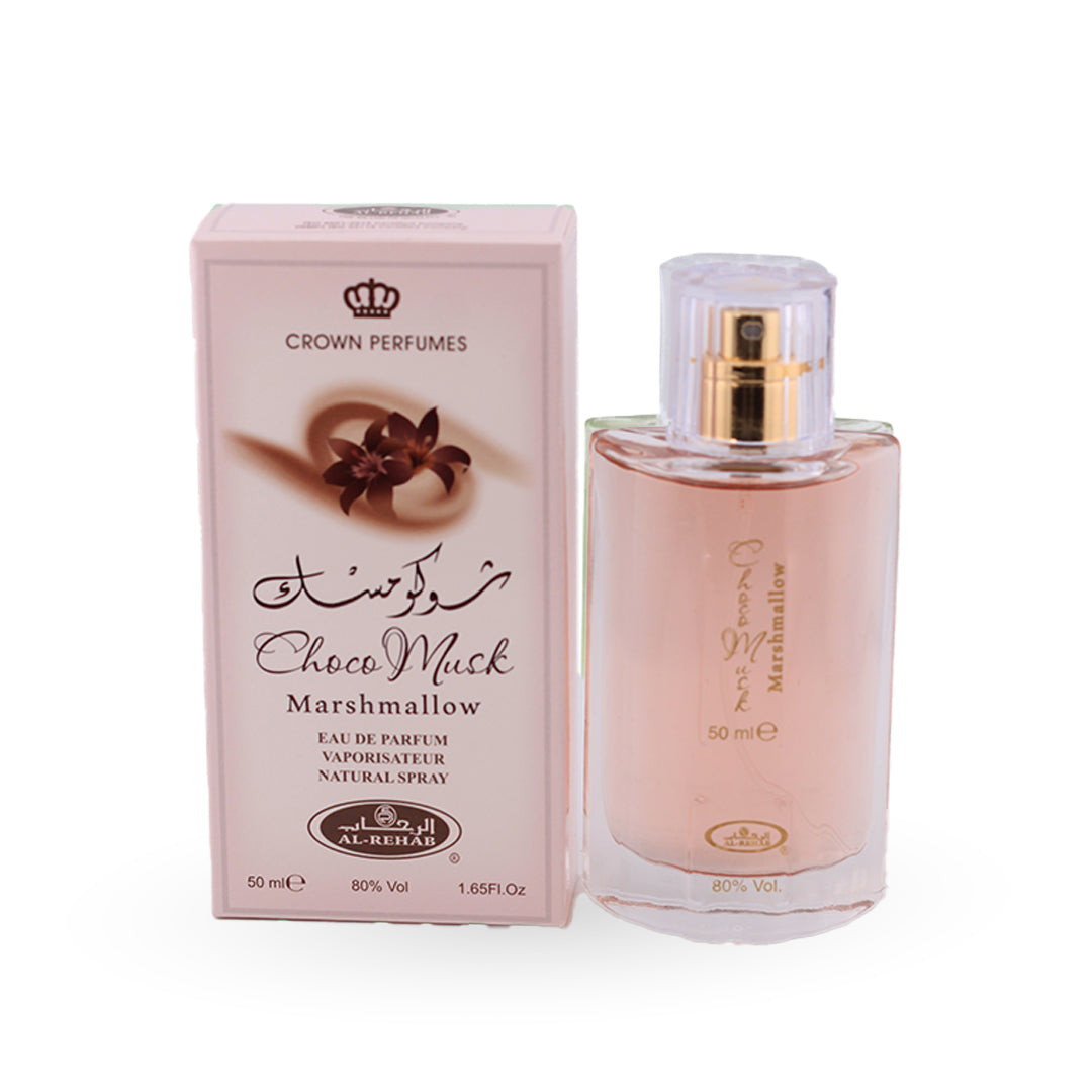 Crown Perfumes Choco Musk Marshmallow perfume bottle and packaging on a white background