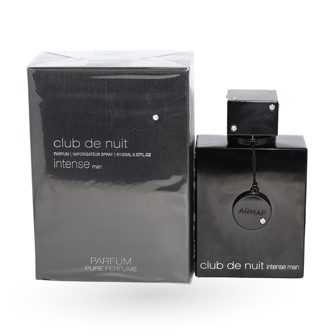 Black 'club de nuit intense' perfume bottle and packaging on a white background