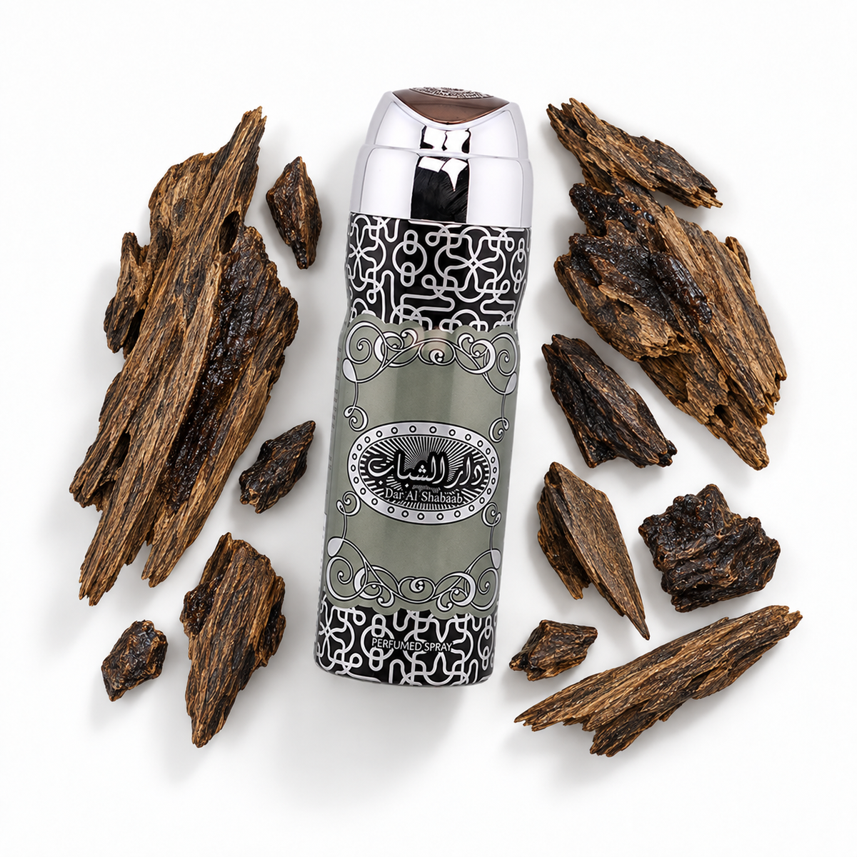 Ard Al Zaafaran Dar Al Shabab perfumed body spray 200 ml in a fragrance flatlay on white.