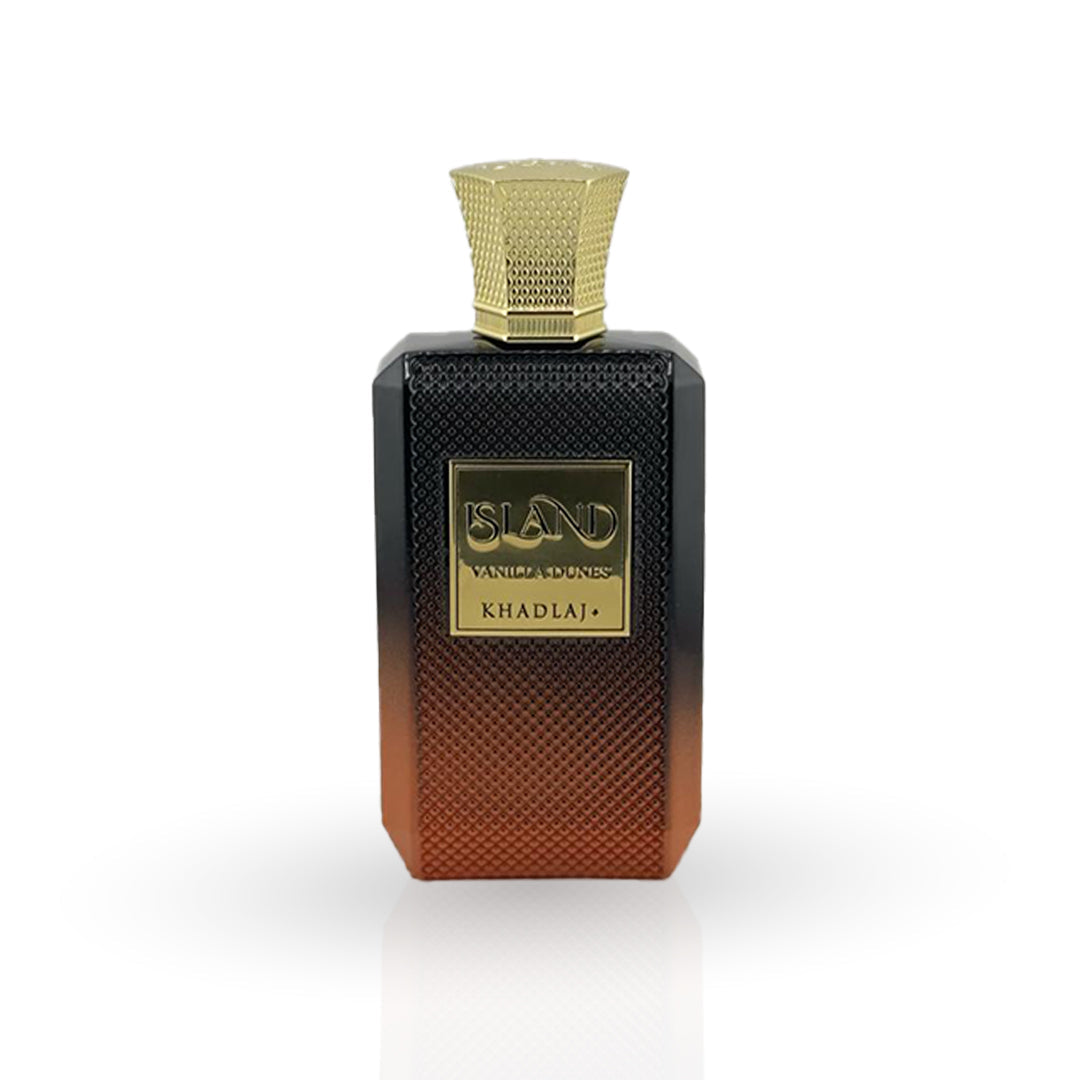 Perfume bottle with gold cap and label on a white background
