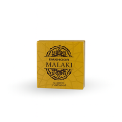 Yellow box of Bakhoor Malaki with black text on a white background