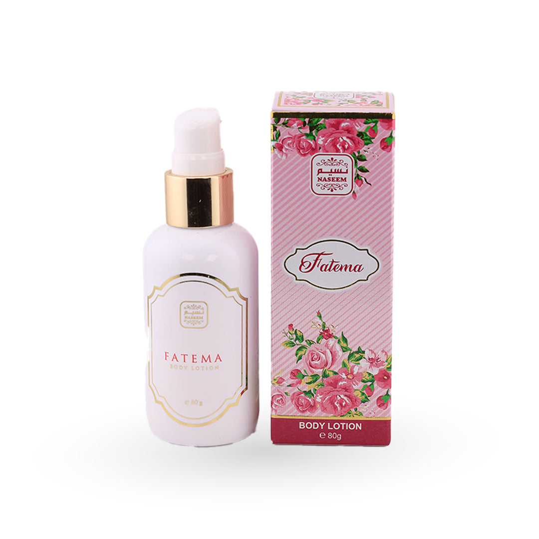 Fatema body lotion bottle and packaging on a white background