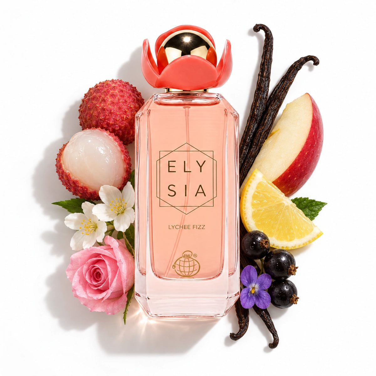 Fragrance World Elysia Lychee Fizz 100ml bottle with lychee, red apple, blackcurrant, lemon, violet, jasmine, rose and vanilla