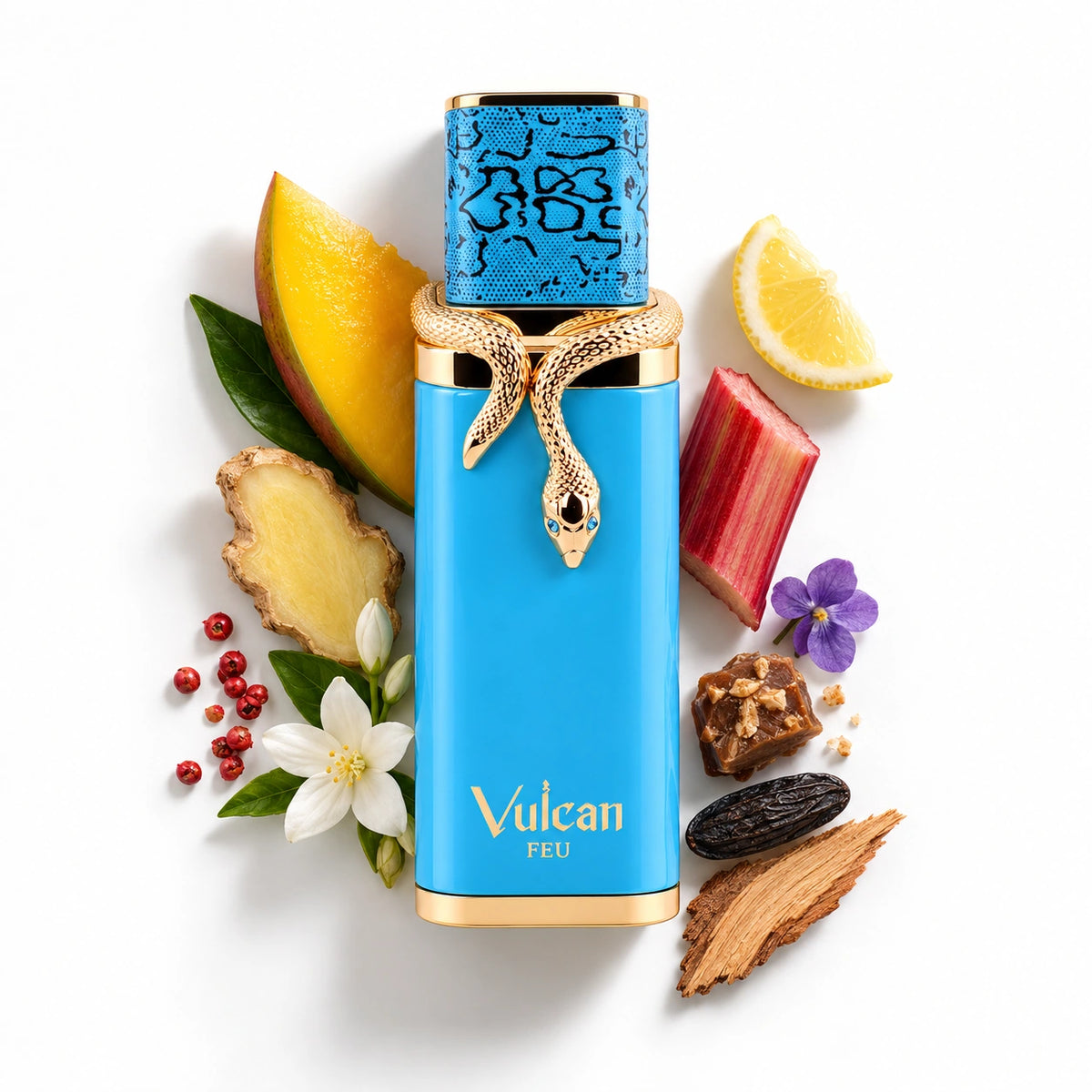 French Avenue Vulcan Feu 100ml bottle with mango, lemon, ginger, rhubarb, pink pepper, jasmine, violet, praline, tonka bean and cedarwood
