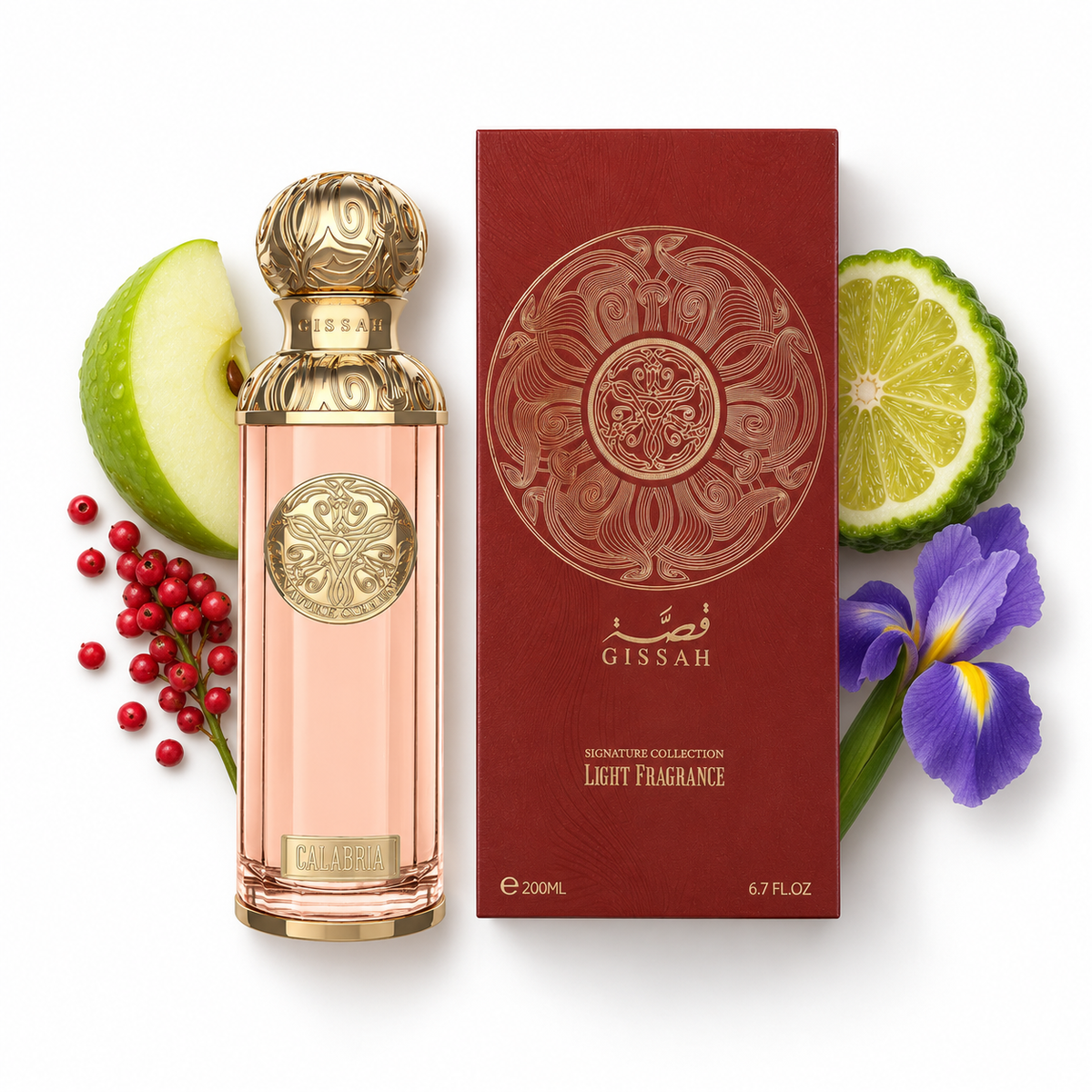 Gissah Calabria Eau de Parfum 200ml on white with verified fragrance-note accents.