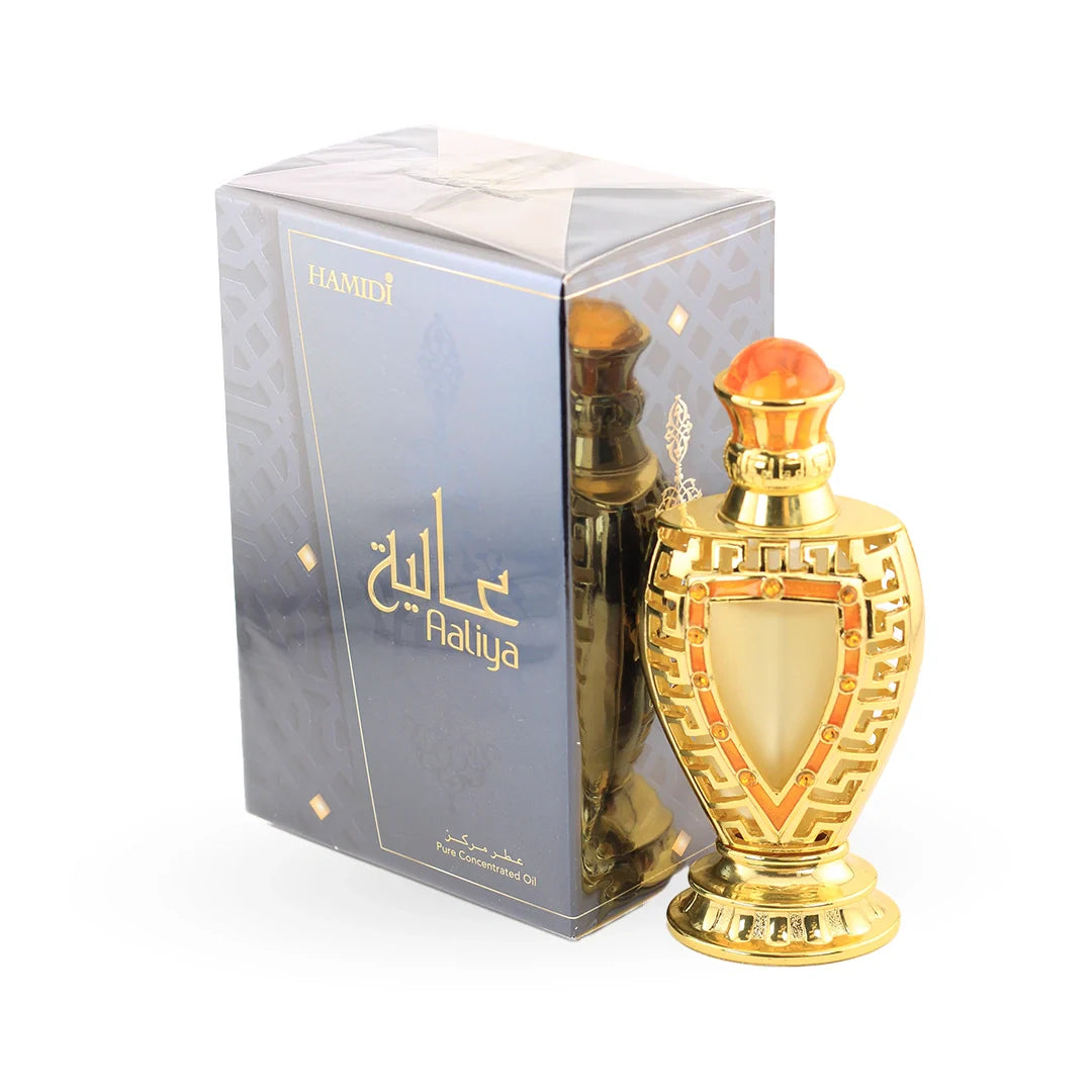 Hamidi Aaliya Perfume Oil 12ml bottle with its box – unisex floral attar, notes of vanilla, rose and citrus